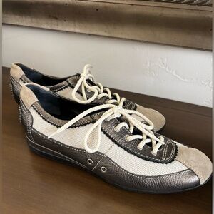 St. John Metallic Leather Beige/Cream Canvas Detail Sneakers Like New